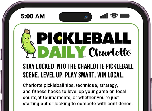 Phone screen displaying the Pickleball Daily Charlotte Newsletter with a fun pickle mascot, promoting local tips, strategy, and court updates.