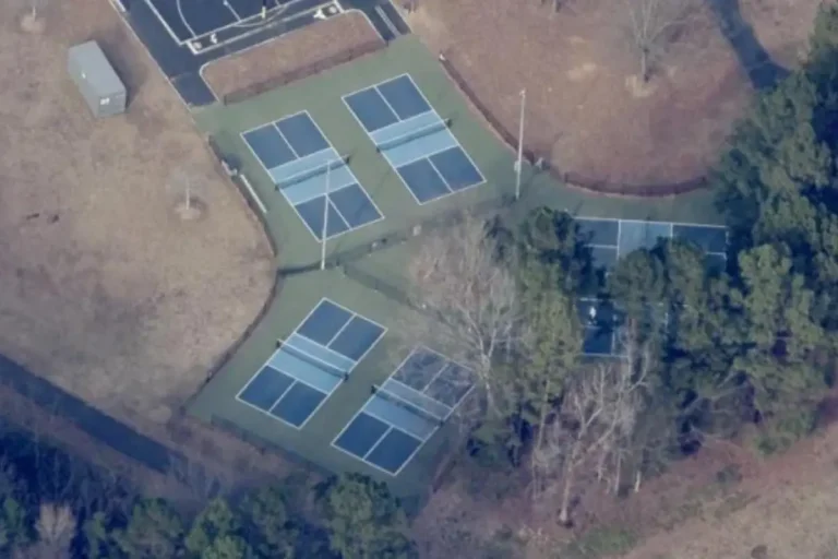 Aerial view of Clanton Park, home to outdoor pickleball courts in Charlotte, NC.