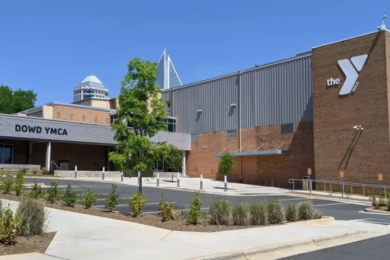 Exterior to Dowd YMCA, home to indoor pickleball court in Charlotte, NC.